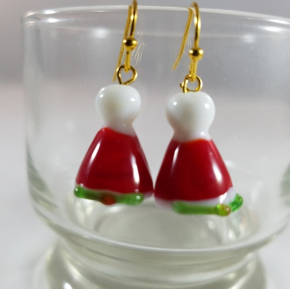 Hand Crafted Earrings Santa Hat Red White Green Pierced Dangle - Picture 1 of 5